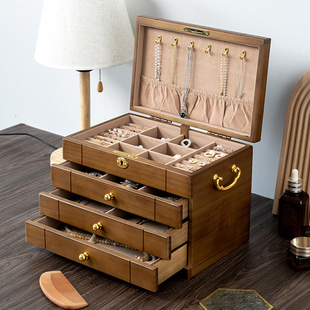 实木首饰盒复古带锁木质收纳盒项链耳钉耳环戒指木制饰品盒精致