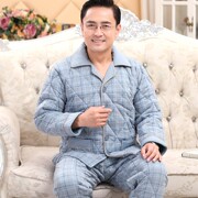 中年人男式冬季睡衣加厚纯棉父亲保暖爸爸三层夹棉棉袄家居服男款