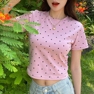 粉色波点短袖T恤女2024夏季甜妹修身体恤设计感小众短款上衣