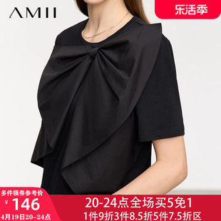 艾米amii女装2024夏季蝴蝶结宽松减龄短袖t恤纯棉设计感
