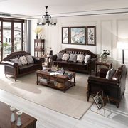 美式复古实木真皮沙发，头层牛皮123组合简美客厅，别墅家具四人位