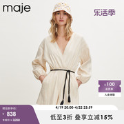 majeoutlet春秋女装，亚麻混纺时尚收腰长袖，连体裤短裤mfpco00266