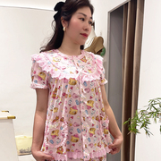 欣琦丝纯棉睡衣女夏天薄款短袖卡通印花甜美蕾丝边短裤家居服套装