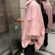 粉色七分袖衬衫男夏季美式复古短袖，衬衣oversize潮牌工装情侣外套