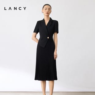 LANCY/朗姿2024夏季黑色拼接西装连衣裙女收腰显瘦假两件裙子