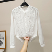刺绣衬衫女长袖2023春季白色，纯棉淑女文艺范衬衣(范衬衣)宽松气质上衣