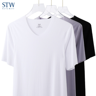 STW莫代尔t恤男无痕短袖夏季青年白色打底衫薄款男士V领上衣外穿