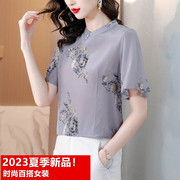 中国风桑蚕丝真丝衬衫短袖2023夏飞飞袖气质印花新中式上衣女