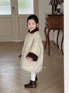 韩版冬季女童葫芦绗棉毛领长款棉衣，宝宝百搭洋气厚实保暖棉服