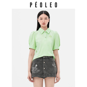飘蕾2024夏季polo领口泡泡袖，绿色上衣女休闲甜美衬衫女peoleo