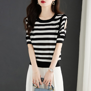 韩国短袖t恤女夏季2024高级感条纹针织衫体恤女士冰丝设计感