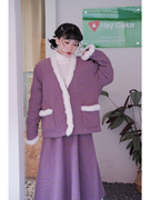 阿美商店原创温柔法式复古小香风，紫色外套甜美毛边加厚毛呢大衣