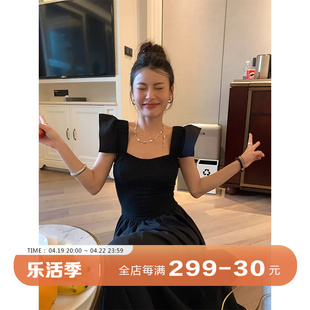 DULA好好家飞飞袖方领露背连衣裙女2024年夏季法式高腰小黑裙