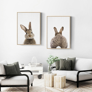 北欧装饰画萌系小动物兔子卧室，餐厅ins壁画可爱治愈系儿童房挂画