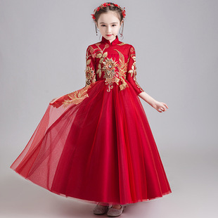 大码晚礼服女大童红色，生日派对公主裙，中式蓬蓬纱主持人钢琴演出服