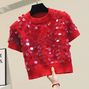 红色毛衣女(毛衣女)秋装，2023韩版时尚，百搭重工亮片短袖宽松套头针织衫
