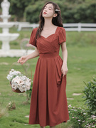 红色连衣裙女夏季气质，红裙子结婚订婚平时可穿法式礼服赫本小红裙