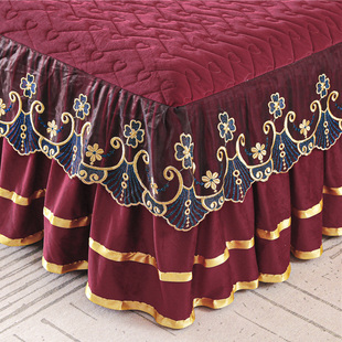 定制冬季水晶绒夹棉床裙单件酒，红色高档床围床盖加棉床垫床套加绒