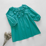 日本夏季甜美松石绿荷叶，边系带衬衫纯棉宽松七分袖娃娃衫中袖衬衣