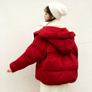 冬季款小个子连帽红色，棉服女韩版学生保暖短款外套，面包服棉袄棉衣