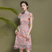 女装改良旗袍裙中国风荷叶袖雪纺连衣裙女夏季