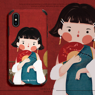 中国风旗袍女孩苹果x手机壳，iphonexsmax小羊皮软壳xs全包防摔xr可爱女款潮闺蜜红色保护套
