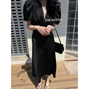 韩版泡泡袖V领连衣裙2024年春夏季法式设计感收腰显瘦束腰中长裙