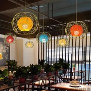 现代餐厅吊灯麻藤球铁艺LED灯 过道阳台火锅餐饮烧烤店彩色灯