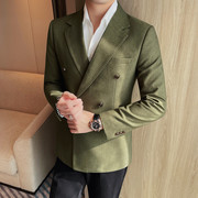 2024轻熟双排扣西装，男士时尚绿色百搭商务，修身帅气韩版单西服