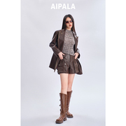艾帕拉艾帕拉2023冬装，长袖皮衣皮草，复古棕色廓形感皮西装