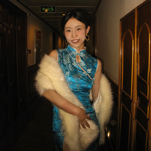 南君原创复古新中式中国风，改良蓝色性感，织锦繁花长款无袖旗袍