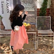 桃粉色女童连衣裙拼接波浪气质纯棉小童修身弹力针织长裙2023年春