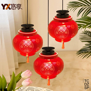 红色灯笼餐厅三头吊灯中国风茶楼包厢灯陶瓷玄关入户门厅阳台灯具
