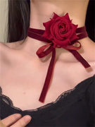 zoozmomo红色玫瑰花系带项链女性感气质复古绑带可调节项圈锁骨链