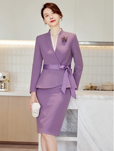 浅紫色春秋v领长袖，西装外套女衬衫，裙子套装美容院养生会所工作服