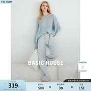 Basic House/百家好马海毛镂空针织衫女春季垂感蓝色毛衣