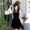 大码胖mm法式复古赫本风连衣裙女镂空拼接网纱长袖黑色显瘦连衣裙