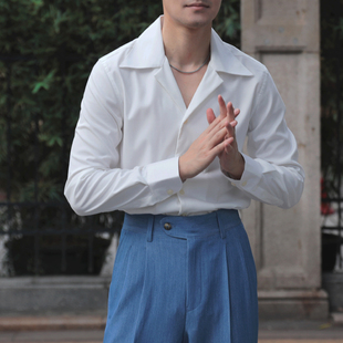 两色古巴领绅士气质韩版休闲柔软修身文艺潮男睡衣领复古白衬衫