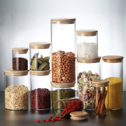 竹盖密封罐透明玻璃储物罐茶叶罐家用五谷杂粮泡菜，防潮收纳空瓶子