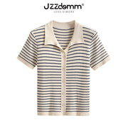 JZZDEMM翻领细条纹针织短袖开衫女夏薄款设计感修身显瘦上衣百搭