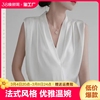 夏季女装高级正装白色v领真丝无袖衬衣法式时尚上衣2023年