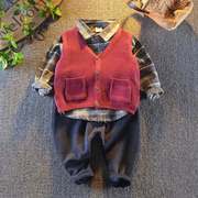 男宝宝秋装套装1-2岁男童，长袖格子衬衣，4毛线马甲5婴幼儿三件套潮
