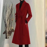 气质红色双面呢羊绒大衣女秋冬季中长款系带大码毛呢外套7602