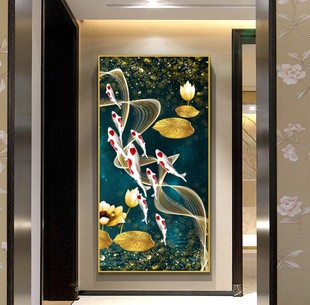 印花DMC十字绣 客厅玄关走廊过道中式竖版风景金色荷花九鱼图