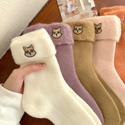 可爱猫头袜子女秋冬中筒袜ins潮加绒加厚保暖长袜居家地板袜