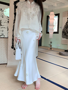 fairyjiang夏季高级缎面，白色鱼尾半身裙长款显瘦高腰包臀裙子