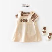 短袖条纹夏季套装婴儿，刺绣小兔子背带连衣裙，儿童宝宝薄款女两件套
