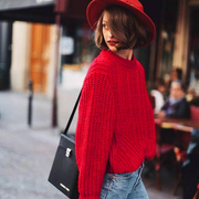 春秋款加厚大红色打底针织套头衫粗线圆领宽松型毛衣外套上衣女装