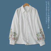 刺绣衬衣春季外贸女装，百搭时尚单排多扣显瘦长袖白衬衫16371