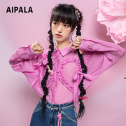 艾帕拉粉色长袖衬衫女2023年春季时尚木，耳边拼接蝴蝶结上衣女